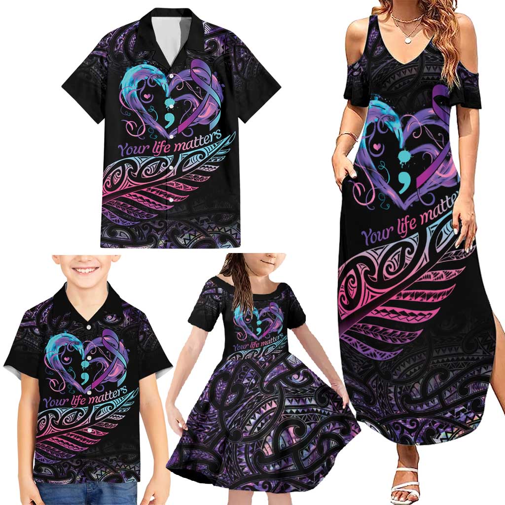 Personalised Your Life Matters Family Matching Summer Maxi Dress and Hawaiian Shirt Suicide Prevention Awareness Semicolon Heart LT9 - Polynesian Pride