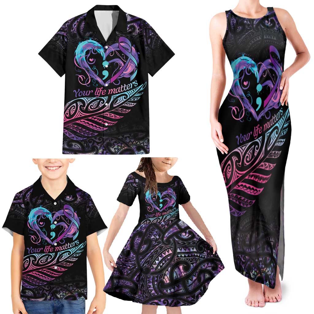 Personalised Your Life Matters Family Matching Tank Maxi Dress and Hawaiian Shirt Suicide Prevention Awareness Semicolon Heart LT9 - Polynesian Pride