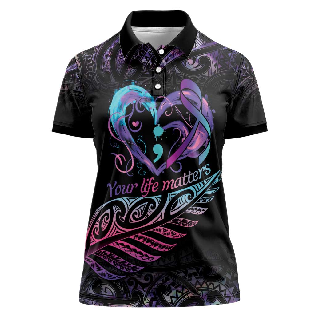 Personalised Your Life Matters Women Polo Shirt Suicide Prevention Awareness Semicolon Heart