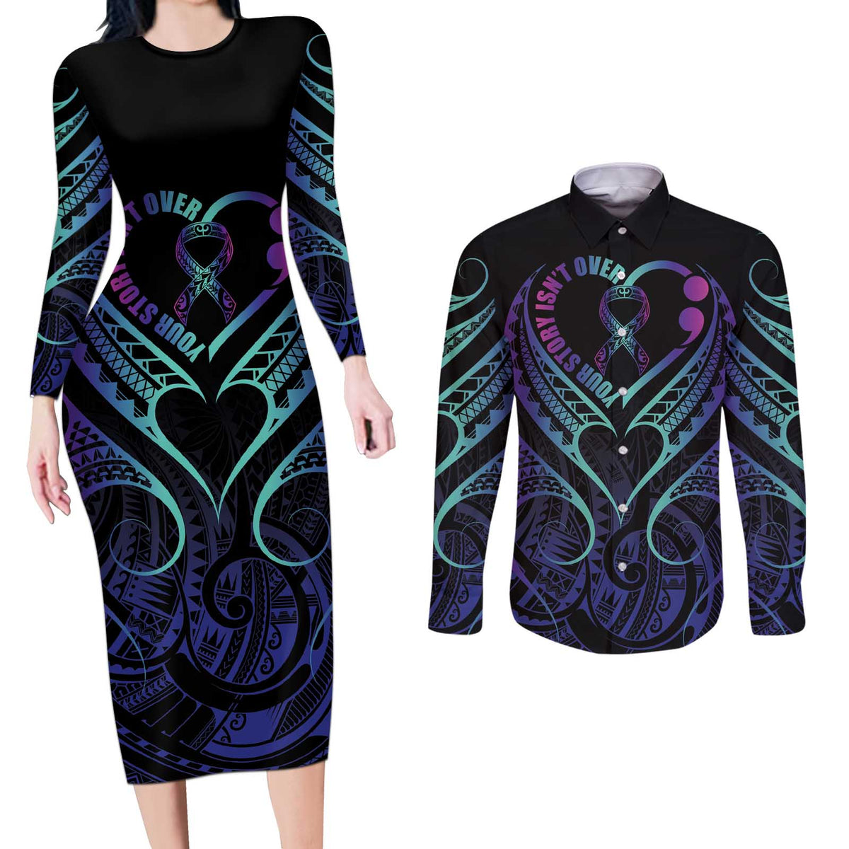 Personalised Your Story Isn't Over Couples Matching Long Sleeve Bodycon Dress and Long Sleeve Button Shirt Suicide Prevention Awareness Semicolon Heart