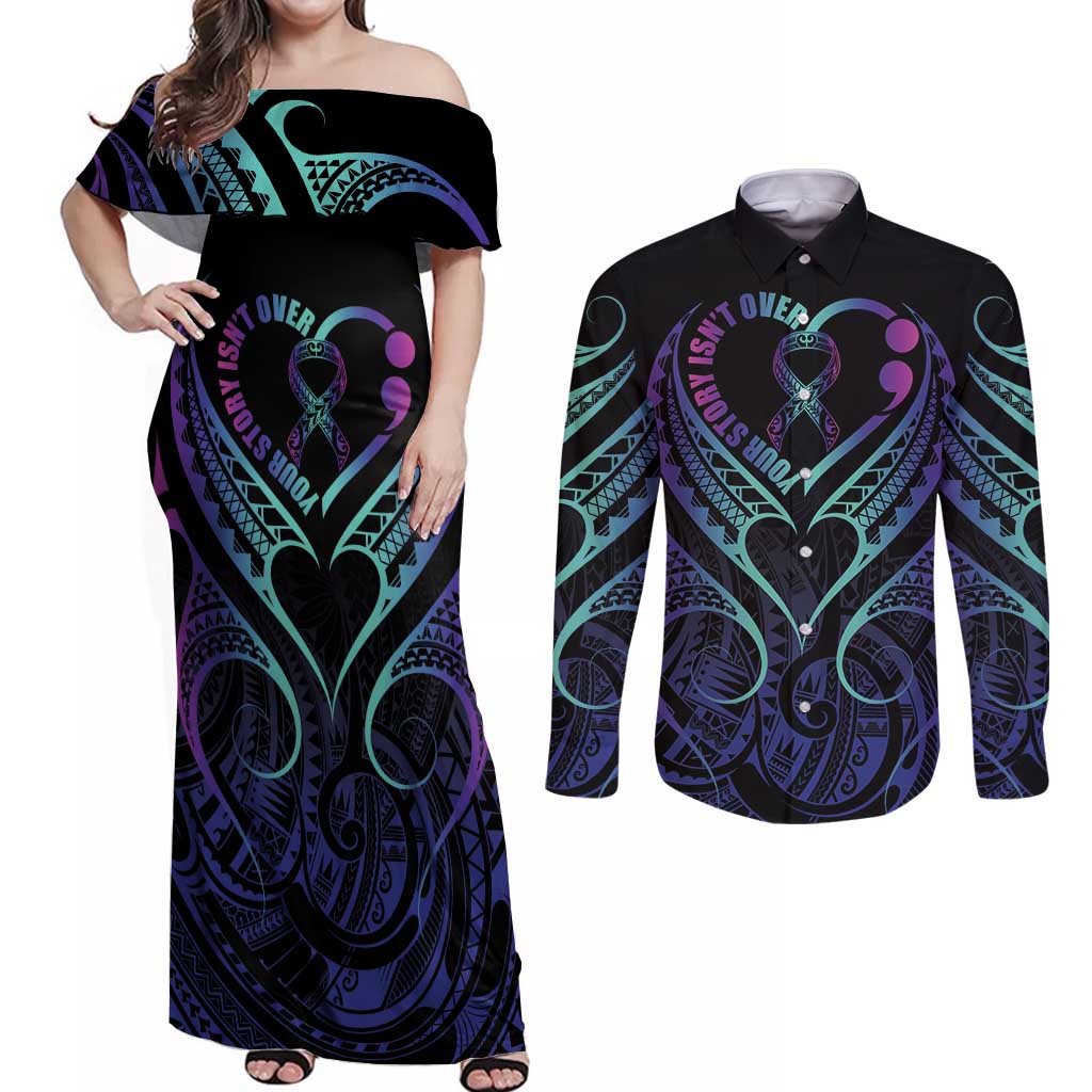 Personalised Your Story Isn't Over Couples Matching Off Shoulder Maxi Dress and Long Sleeve Button Shirt Suicide Prevention Awareness Semicolon Heart