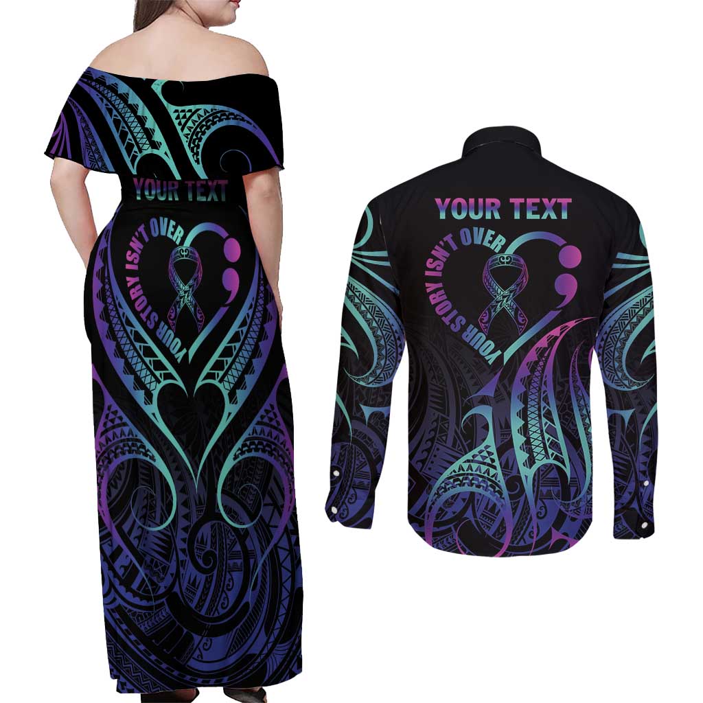 Personalised Your Story Isn't Over Couples Matching Off Shoulder Maxi Dress and Long Sleeve Button Shirt Suicide Prevention Awareness Semicolon Heart