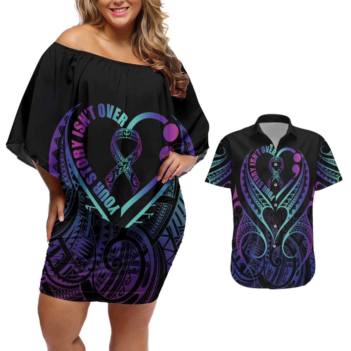 Personalised Your Story Isn't Over Couples Matching Off Shoulder Short Dress and Hawaiian Shirt Suicide Prevention Awareness Semicolon Heart