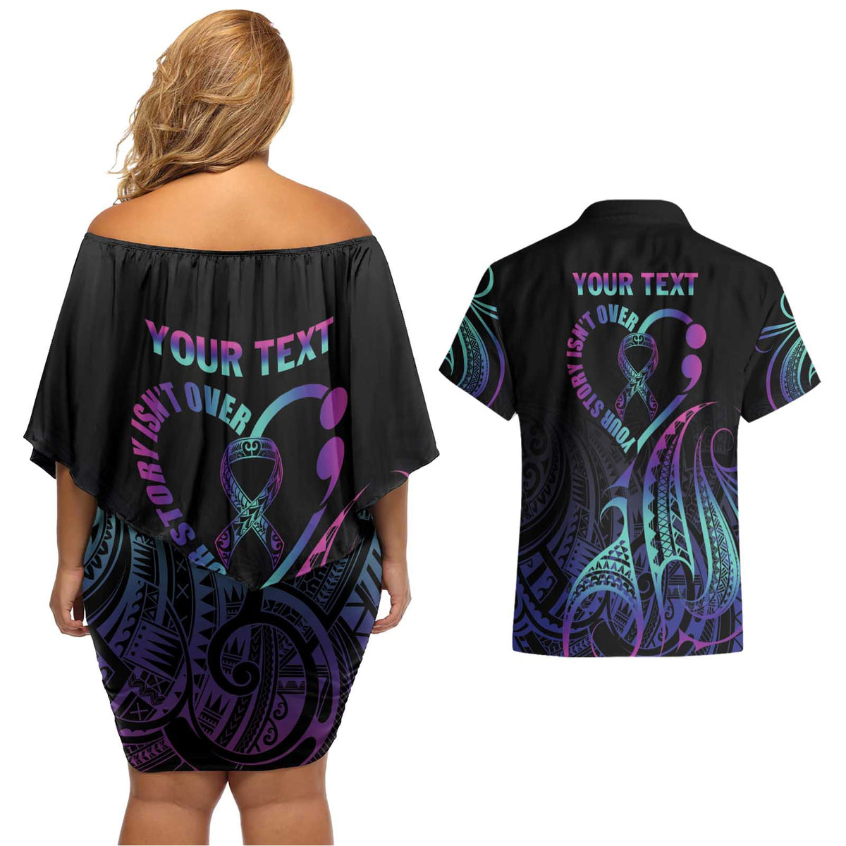 Personalised Your Story Isn't Over Couples Matching Off Shoulder Short Dress and Hawaiian Shirt Suicide Prevention Awareness Semicolon Heart