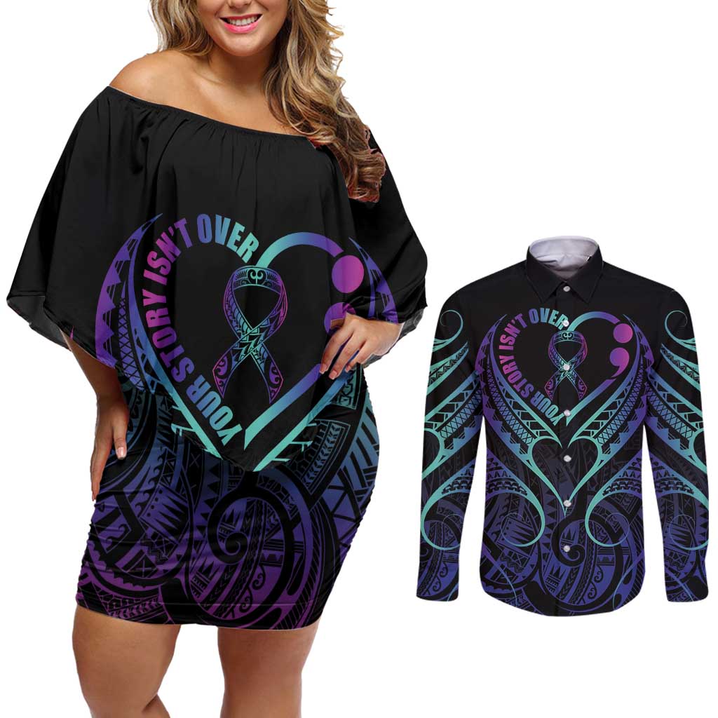 Personalised Your Story Isn't Over Couples Matching Off Shoulder Short Dress and Long Sleeve Button Shirt Suicide Prevention Awareness Semicolon Heart