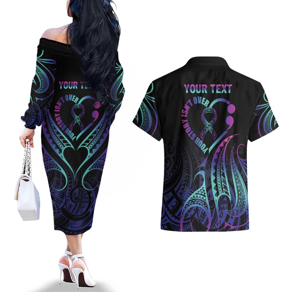 Personalised Your Story Isn't Over Couples Matching Off The Shoulder Long Sleeve Dress and Hawaiian Shirt Suicide Prevention Awareness Semicolon Heart