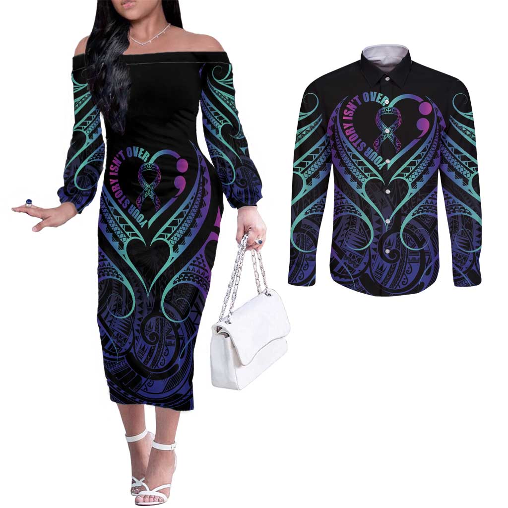 Personalised Your Story Isn't Over Couples Matching Off The Shoulder Long Sleeve Dress and Long Sleeve Button Shirt Suicide Prevention Awareness Semicolon Heart