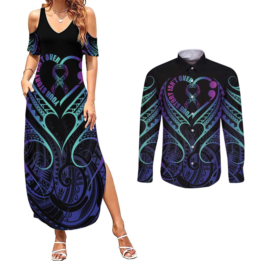 Personalised Your Story Isn't Over Couples Matching Summer Maxi Dress and Long Sleeve Button Shirt Suicide Prevention Awareness Semicolon Heart LT9 Black - Polynesian Pride