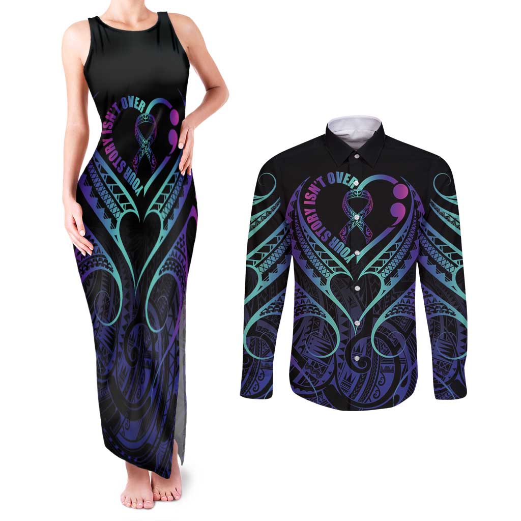 Personalised Your Story Isn't Over Couples Matching Tank Maxi Dress and Long Sleeve Button Shirt Suicide Prevention Awareness Semicolon Heart LT9 Black - Polynesian Pride