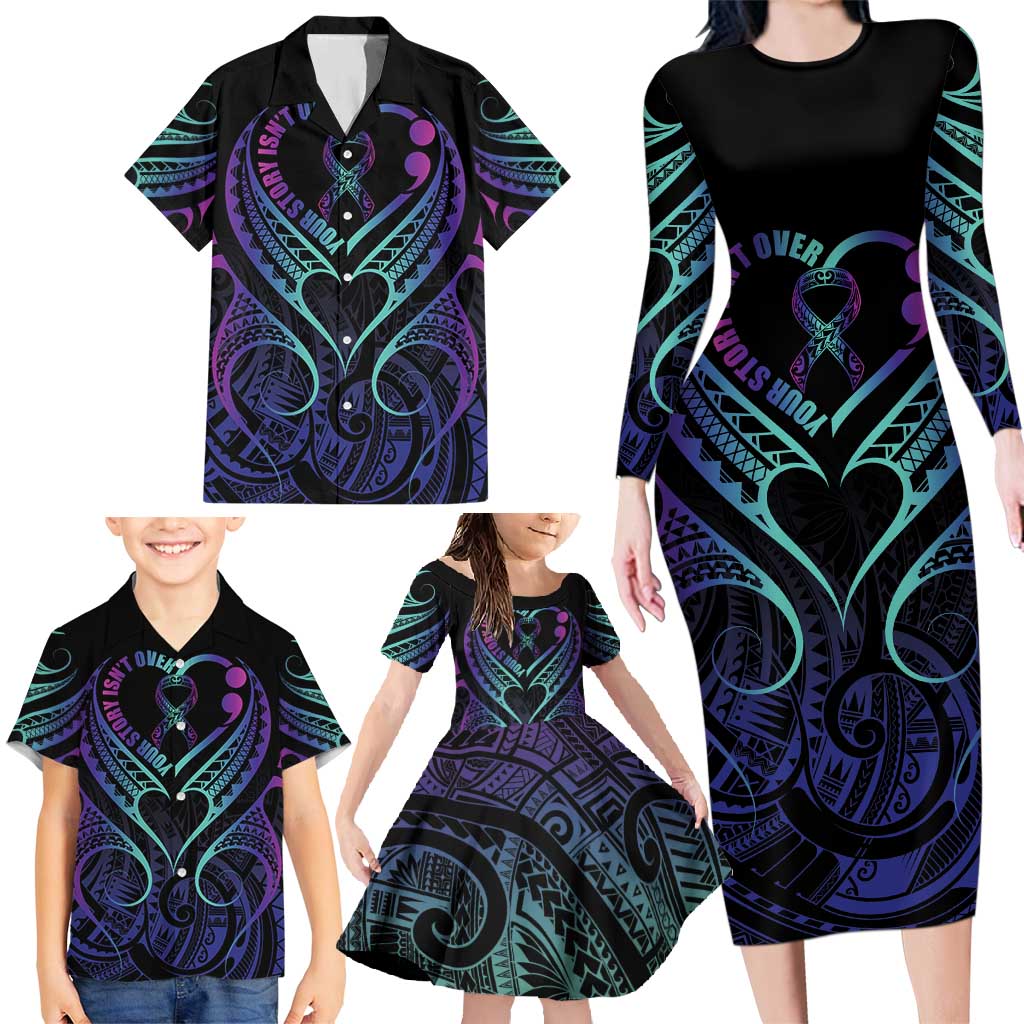 Personalised Your Story Isn't Over Family Matching Long Sleeve Bodycon Dress and Hawaiian Shirt Suicide Prevention Awareness Semicolon Heart LT9 - Polynesian Pride