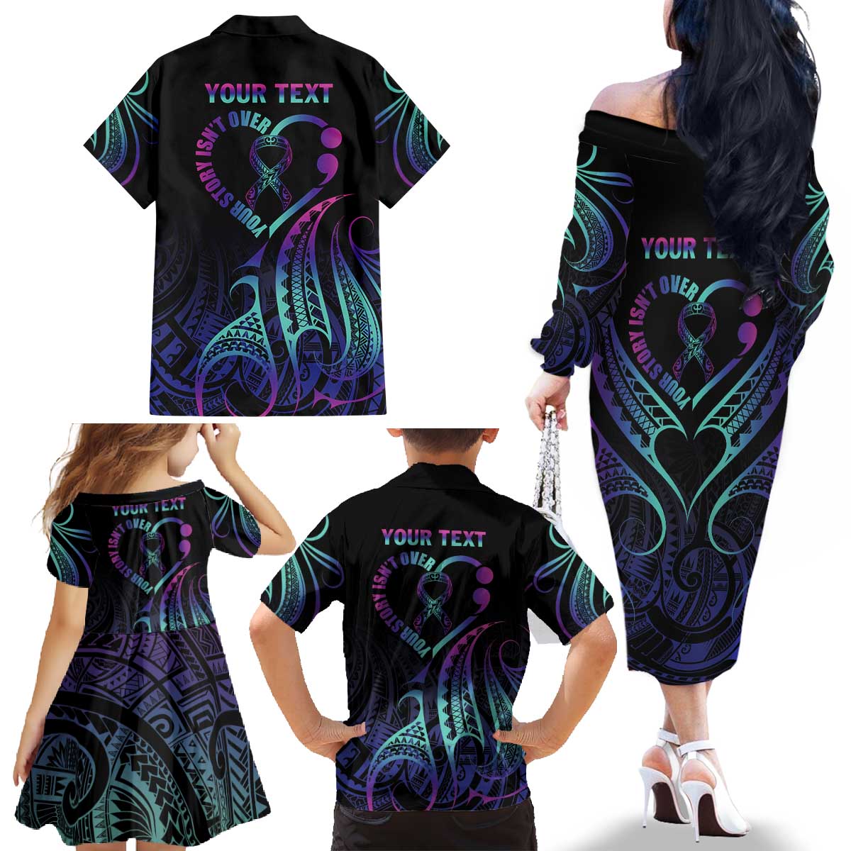 Personalised Your Story Isn't Over Family Matching Off The Shoulder Long Sleeve Dress and Hawaiian Shirt Suicide Prevention Awareness Semicolon Heart