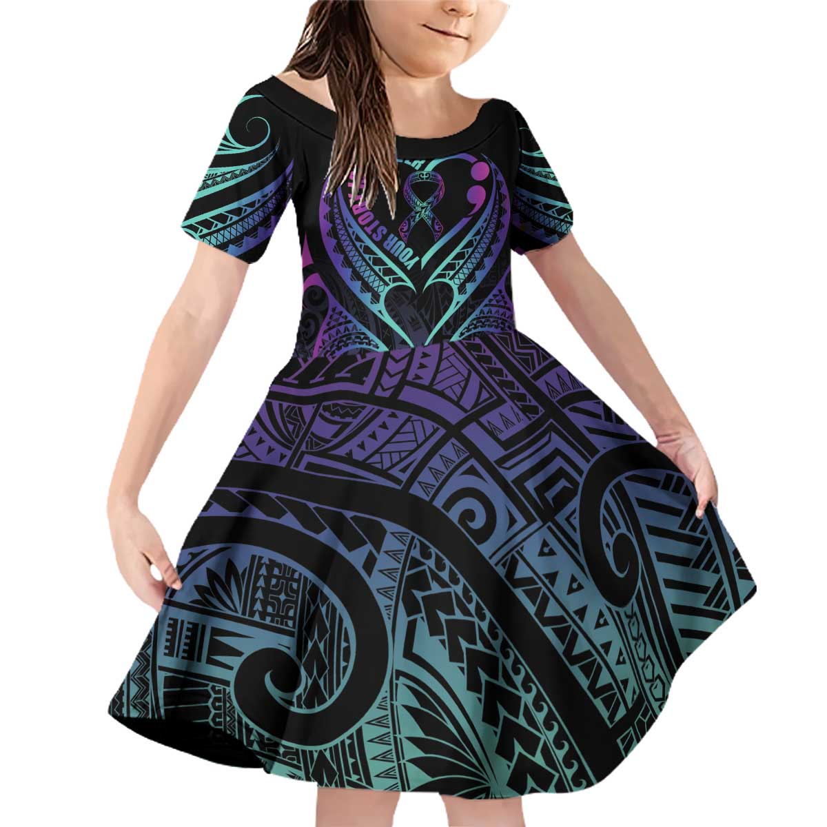 Personalised Your Story Isn't Over Family Matching Off Shoulder Short Dress and Hawaiian Shirt Suicide Prevention Awareness Semicolon Heart