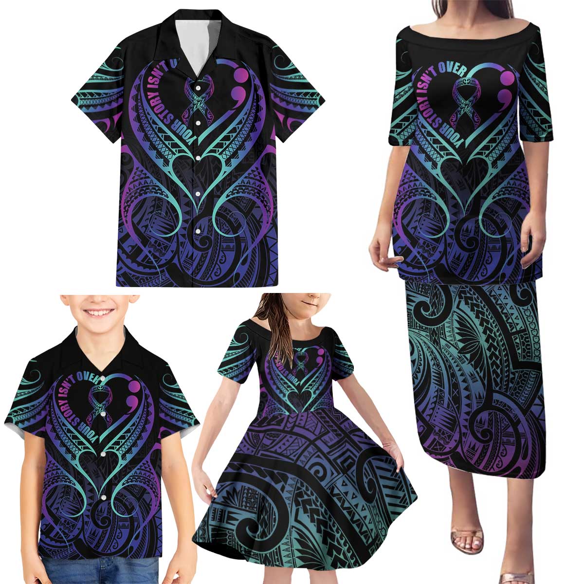 Personalised Your Story Isn't Over Family Matching Puletasi and Hawaiian Shirt Suicide Prevention Awareness Semicolon Heart LT9 - Polynesian Pride