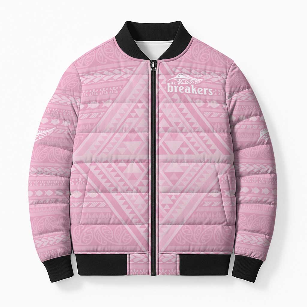 Custom New Zealand Basketball Indigenous Bomber Puffer Jacket LT9 Pink - Polynesian Pride