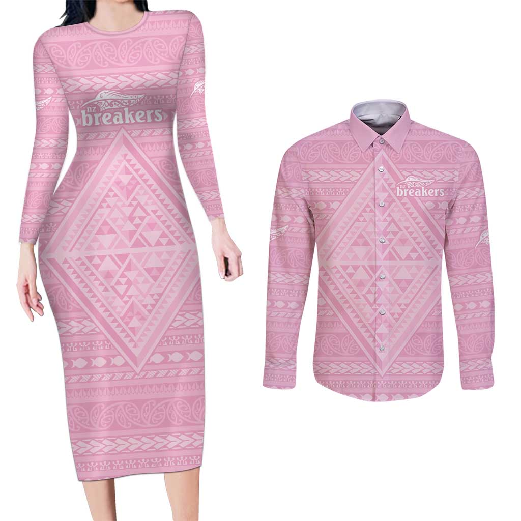 Custom New Zealand Basketball Indigenous Couples Matching Long Sleeve Bodycon Dress and Long Sleeve Button Shirt LT9 Pink - Polynesian Pride