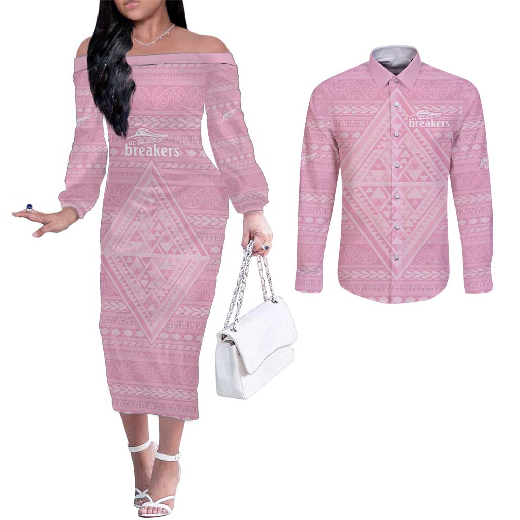 Custom New Zealand Basketball Indigenous Couples Matching Off The Shoulder Long Sleeve Dress and Long Sleeve Button Shirt - Polynesian Pride