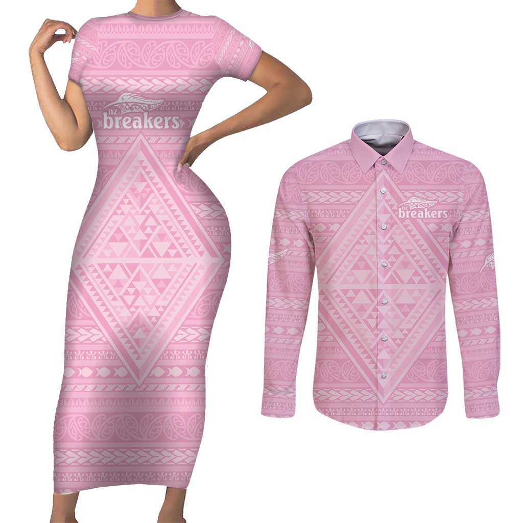 Custom New Zealand Basketball Indigenous Couples Matching Short Sleeve Bodycon Dress and Long Sleeve Button Shirt LT9 Pink - Polynesian Pride