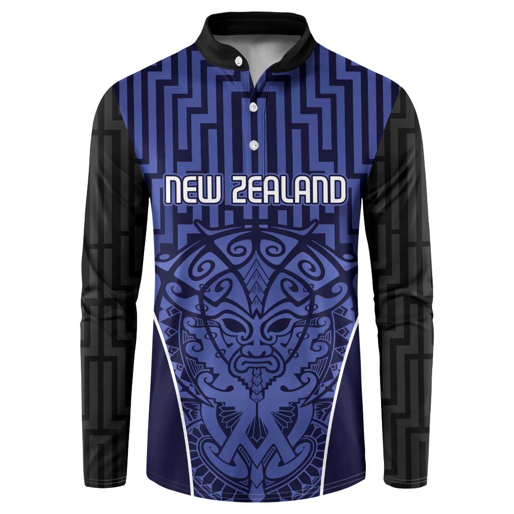 Custom Basketball New Zealand Button Sweatshirt Blue Maori Ta Moko Indigenous - Polynesian Pride