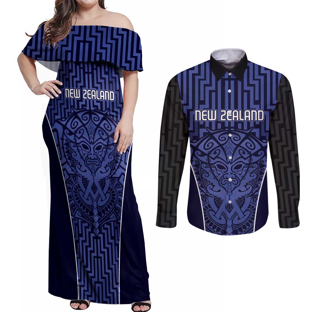 Custom Basketball New Zealand Couples Matching Off Shoulder Maxi Dress and Long Sleeve Button Shirt Blue Maori Ta Moko Indigenous - Polynesian Pride