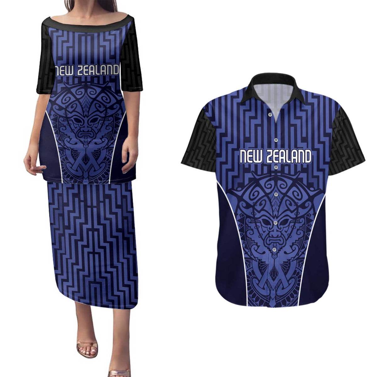 Custom Basketball New Zealand Couples Matching Puletasi and Hawaiian Shirt Blue Maori Ta Moko Indigenous - Polynesian Pride
