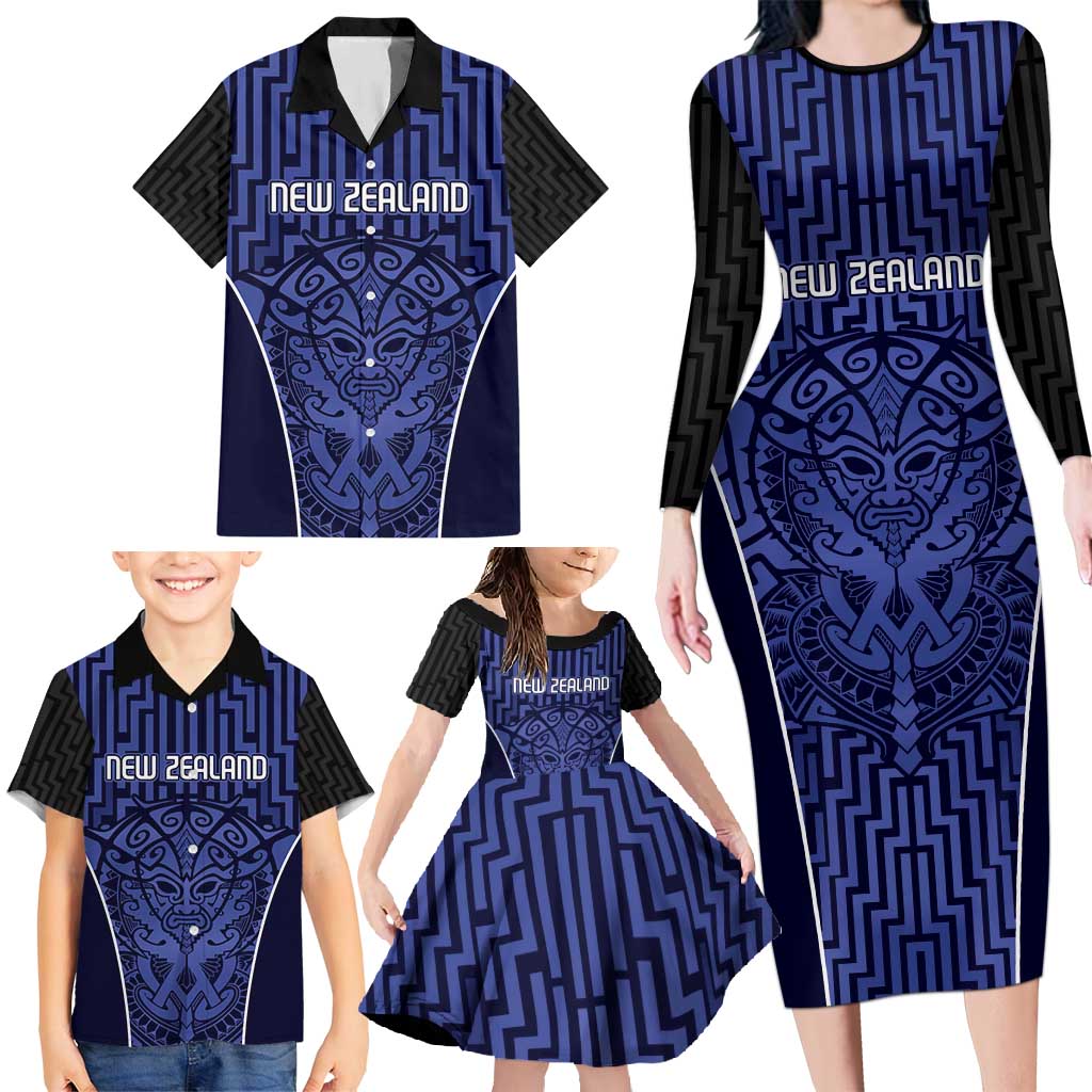 Custom Basketball New Zealand Family Matching Long Sleeve Bodycon Dress and Hawaiian Shirt Blue Maori Ta Moko Indigenous - Polynesian Pride