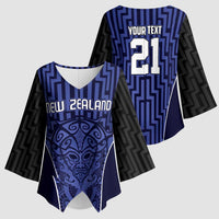 Custom Basketball New Zealand Kimono Sleeve Blouse Blue Maori Ta Moko Indigenous - Polynesian Pride