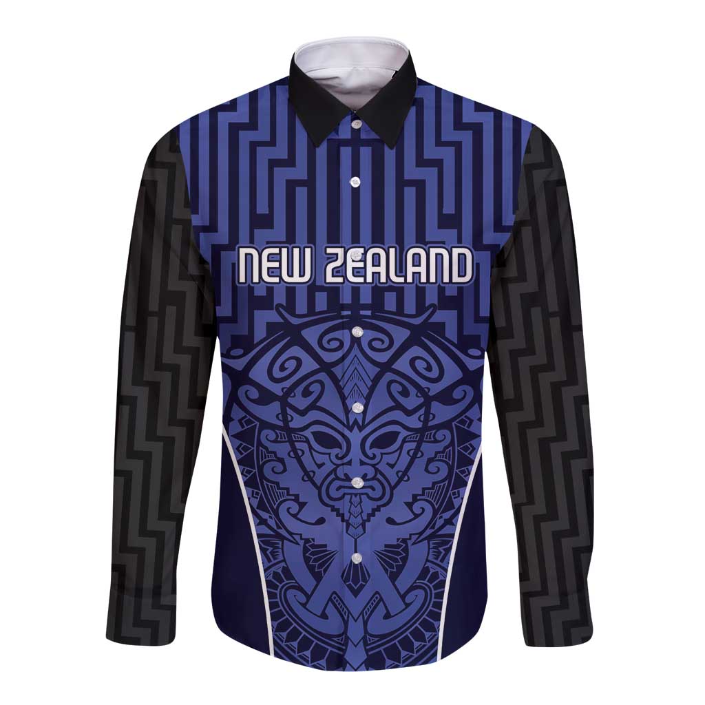 Custom Basketball New Zealand Long Sleeve Button Shirt Blue Maori Ta Moko Indigenous LT9 Unisex Blue - Polynesian Pride