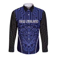 Custom Basketball New Zealand Long Sleeve Button Shirt Blue Maori Ta Moko Indigenous LT9 Unisex Blue - Polynesian Pride