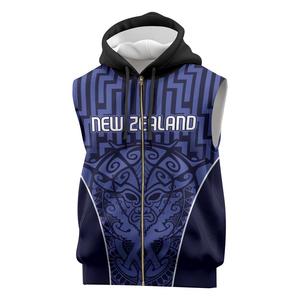 Custom Basketball New Zealand Sleeveless Zip Hoodie Blue Maori Ta Moko Indigenous - Polynesian Pride