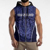 Custom Basketball New Zealand Sleeveless Zip Hoodie Blue Maori Ta Moko Indigenous - Polynesian Pride