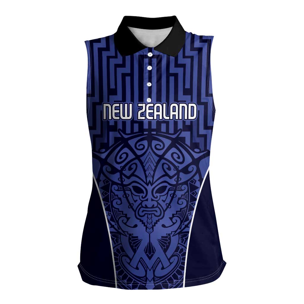 Custom Basketball New Zealand Women Sleeveless Polo Shirt Blue Maori Ta Moko Indigenous - Polynesian Pride