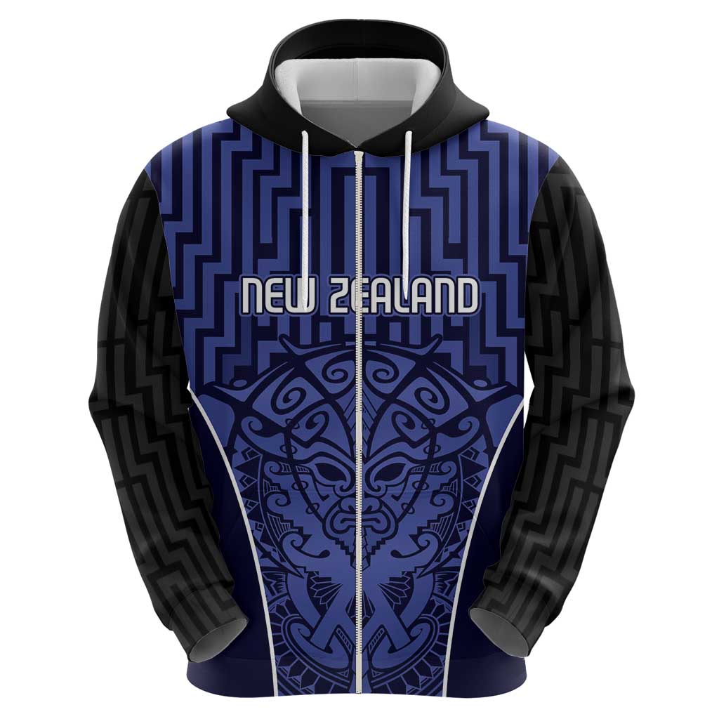 Custom Basketball New Zealand Zip Hoodie Blue Maori Ta Moko Indigenous - Polynesian Pride