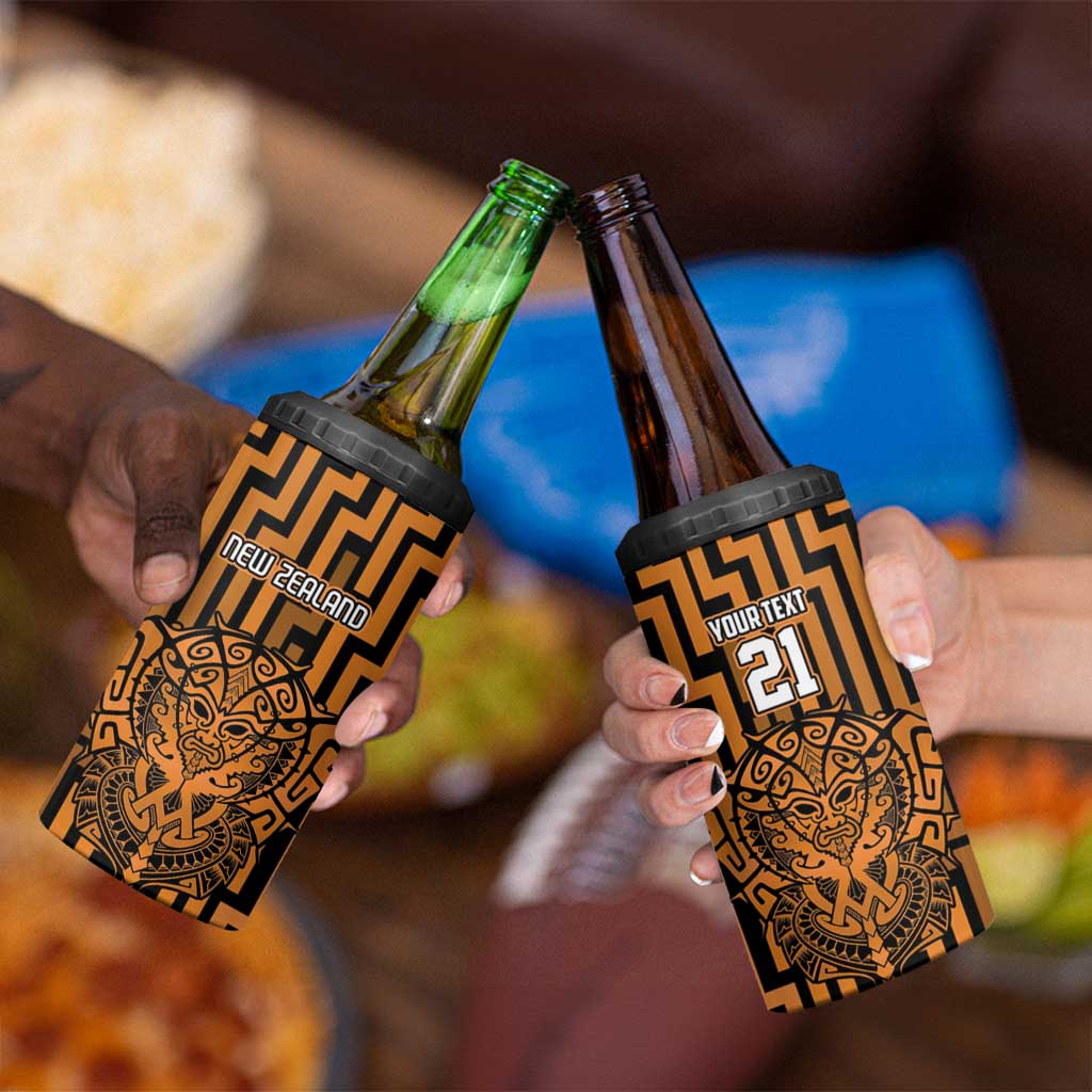 Custom Basketball New Zealand 4 in 1 Can Cooler Tumbler Gold Maori Ta Moko Indigenous - Polynesian Pride