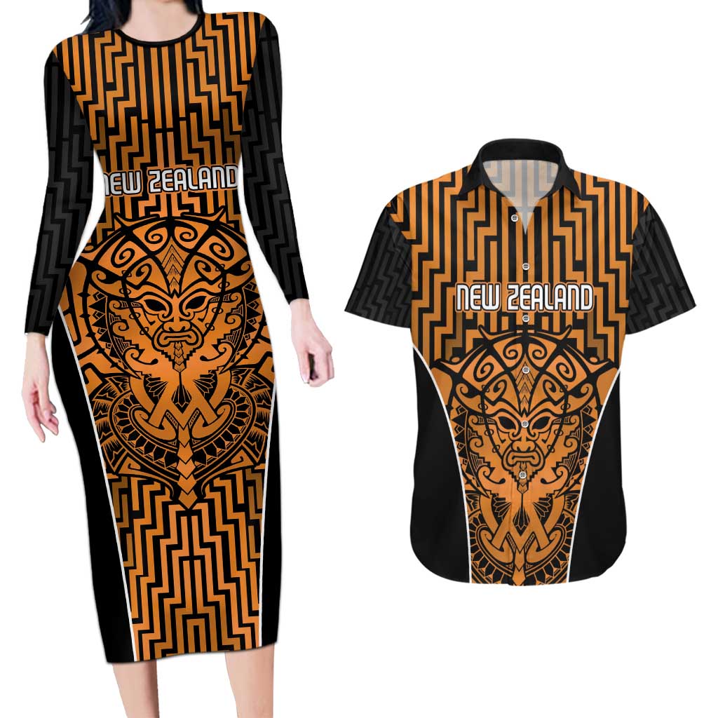 Custom Basketball New Zealand Couples Matching Long Sleeve Bodycon Dress and Hawaiian Shirt Gold Maori Ta Moko Indigenous - Polynesian Pride