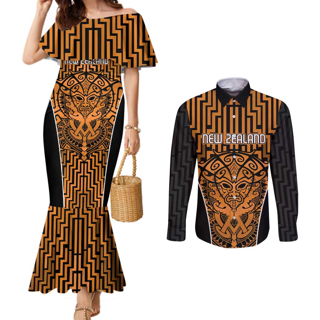 Custom Basketball New Zealand Couples Matching Mermaid Dress and Long Sleeve Button Shirt Gold Maori Ta Moko Indigenous - Polynesian Pride