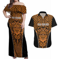 Custom Basketball New Zealand Couples Matching Off Shoulder Maxi Dress and Hawaiian Shirt Gold Maori Ta Moko Indigenous - Polynesian Pride