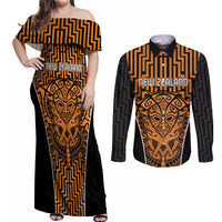 Custom Basketball New Zealand Couples Matching Off Shoulder Maxi Dress and Long Sleeve Button Shirt Gold Maori Ta Moko Indigenous - Polynesian Pride