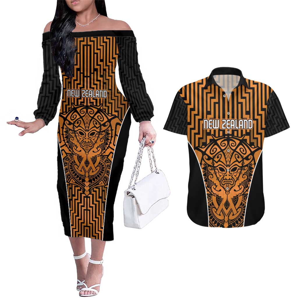 Custom Basketball New Zealand Couples Matching Off The Shoulder Long Sleeve Dress and Hawaiian Shirt Gold Maori Ta Moko Indigenous - Polynesian Pride