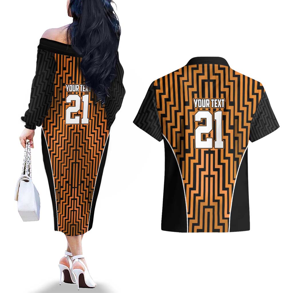 Custom Basketball New Zealand Couples Matching Off The Shoulder Long Sleeve Dress and Hawaiian Shirt Gold Maori Ta Moko Indigenous - Polynesian Pride