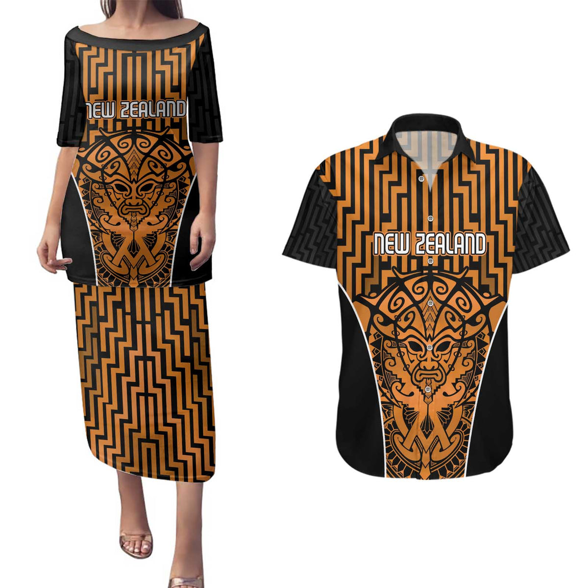 Custom Basketball New Zealand Couples Matching Puletasi and Hawaiian Shirt Gold Maori Ta Moko Indigenous - Polynesian Pride