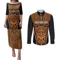 Custom Basketball New Zealand Couples Matching Puletasi and Long Sleeve Button Shirt Gold Maori Ta Moko Indigenous - Polynesian Pride