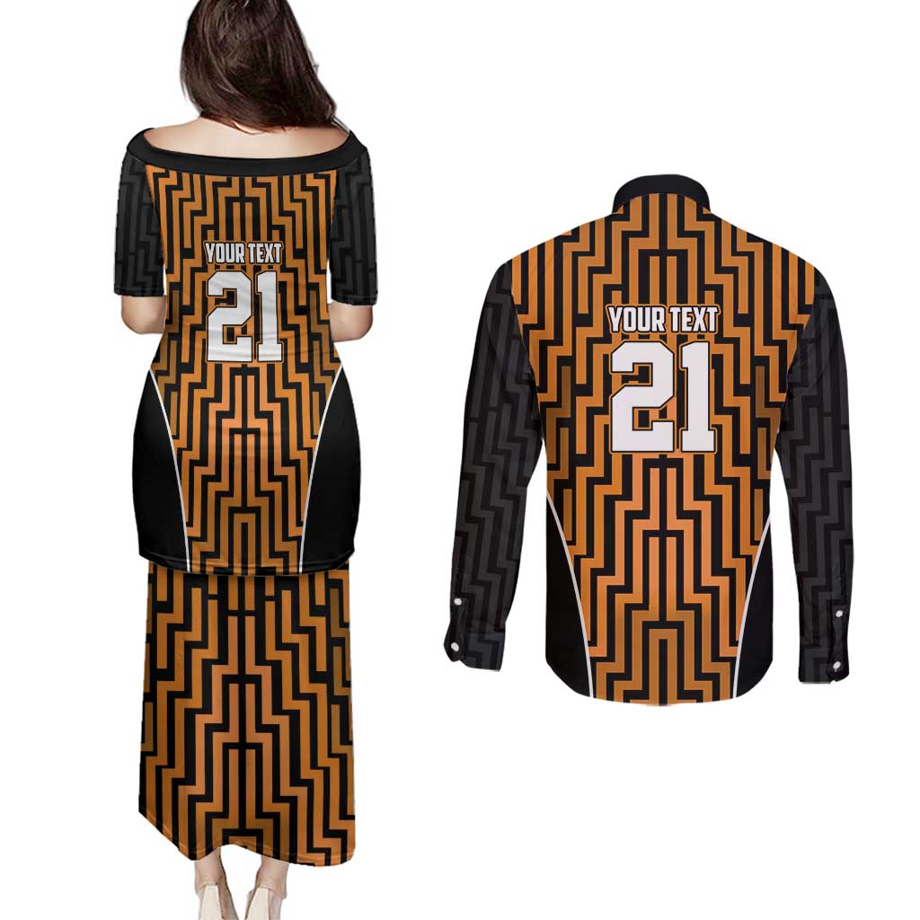 Custom Basketball New Zealand Couples Matching Puletasi and Long Sleeve Button Shirt Gold Maori Ta Moko Indigenous - Polynesian Pride