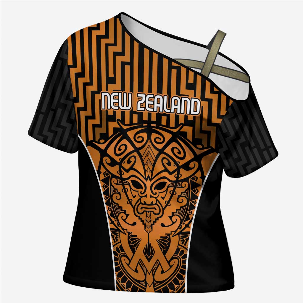 Custom Basketball New Zealand Cross Shoulder Shirt Gold Maori Ta Moko Indigenous LT9 Female Gold - Polynesian Pride