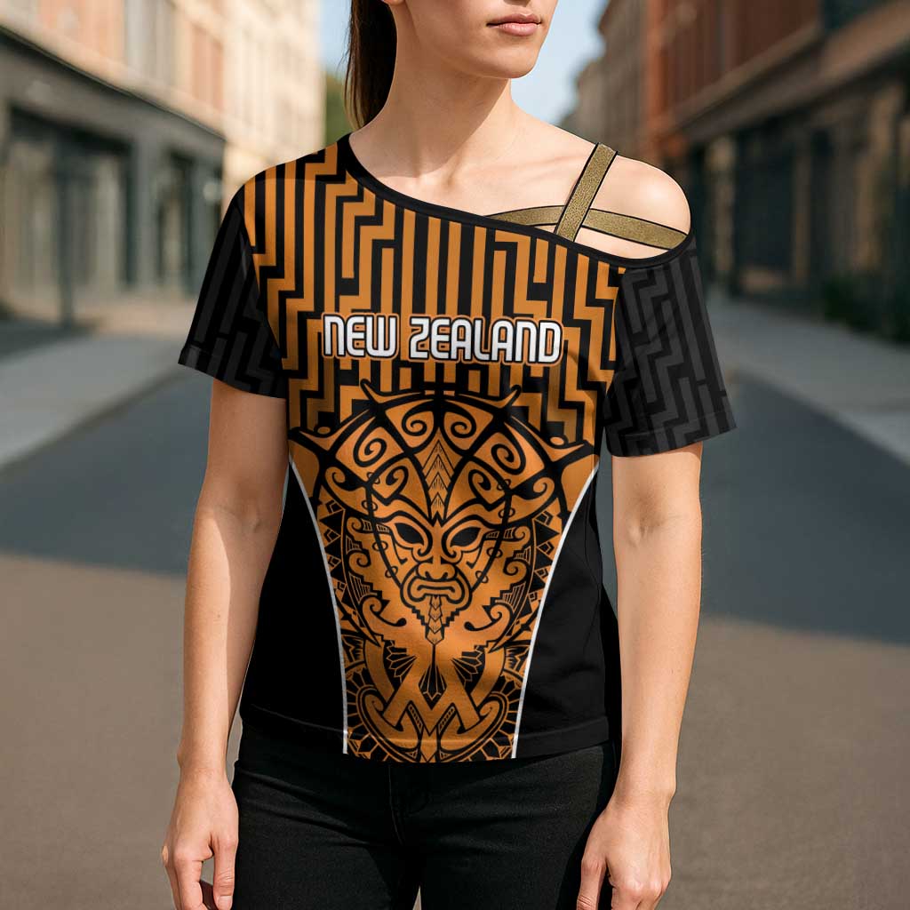 Custom Basketball New Zealand Cross Shoulder Shirt Gold Maori Ta Moko Indigenous LT9 - Polynesian Pride