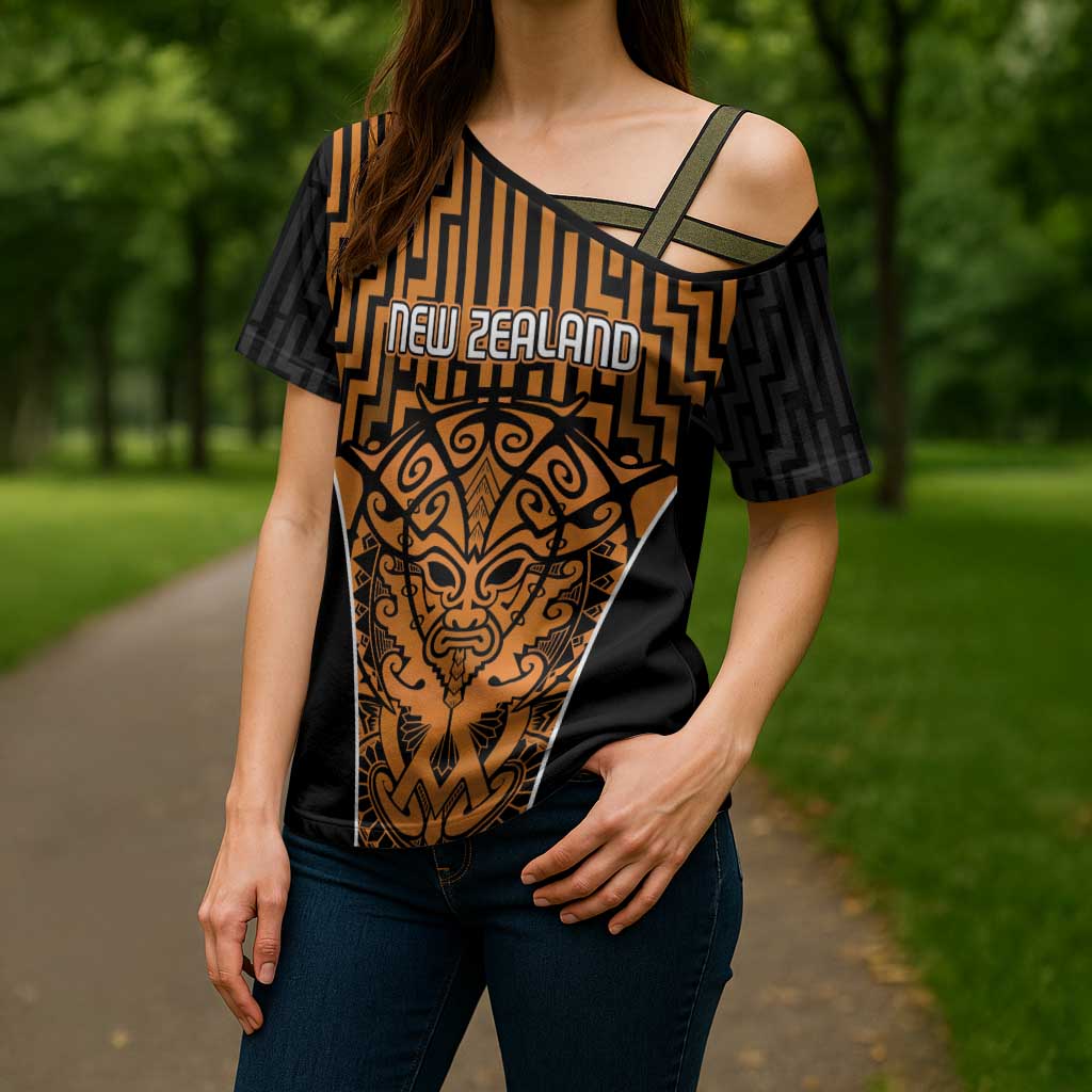 Custom Basketball New Zealand Cross Shoulder Shirt Gold Maori Ta Moko Indigenous LT9 - Polynesian Pride