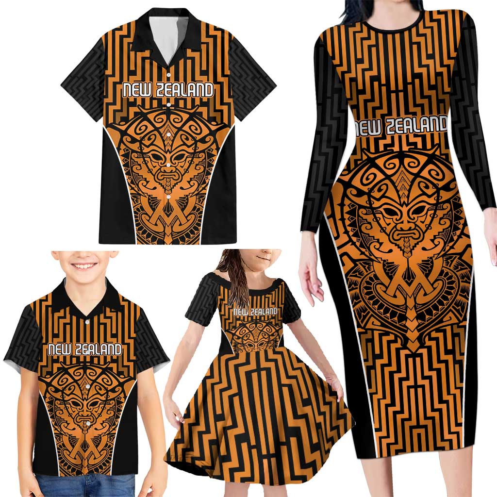 Custom Basketball New Zealand Family Matching Long Sleeve Bodycon Dress and Hawaiian Shirt Gold Maori Ta Moko Indigenous - Polynesian Pride
