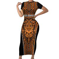 Custom Basketball New Zealand Family Matching Short Sleeve Bodycon Dress and Hawaiian Shirt Gold Maori Ta Moko Indigenous - Polynesian Pride