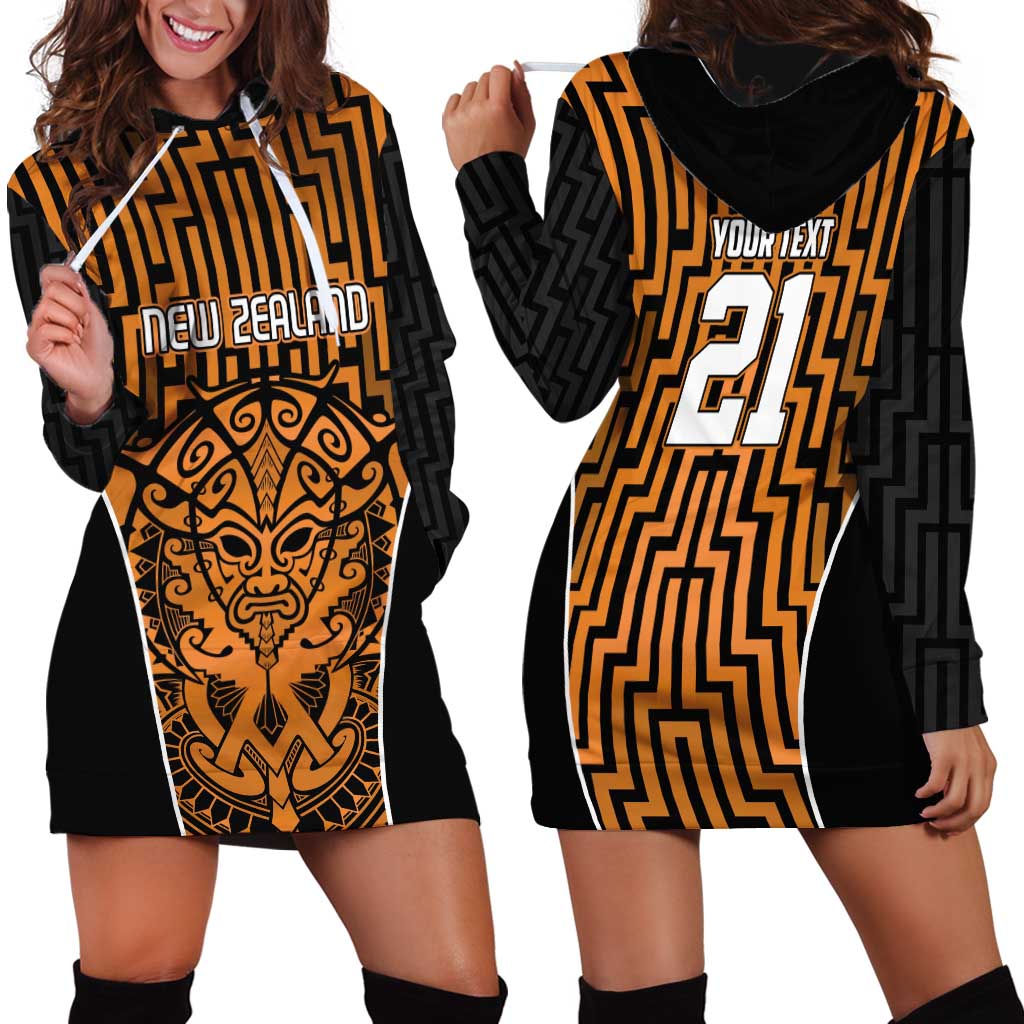 Custom Basketball New Zealand Hoodie Dress Gold Maori Ta Moko Indigenous - Polynesian Pride