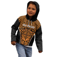 Custom Basketball New Zealand Kid Hoodie Gold Maori Ta Moko Indigenous - Polynesian Pride