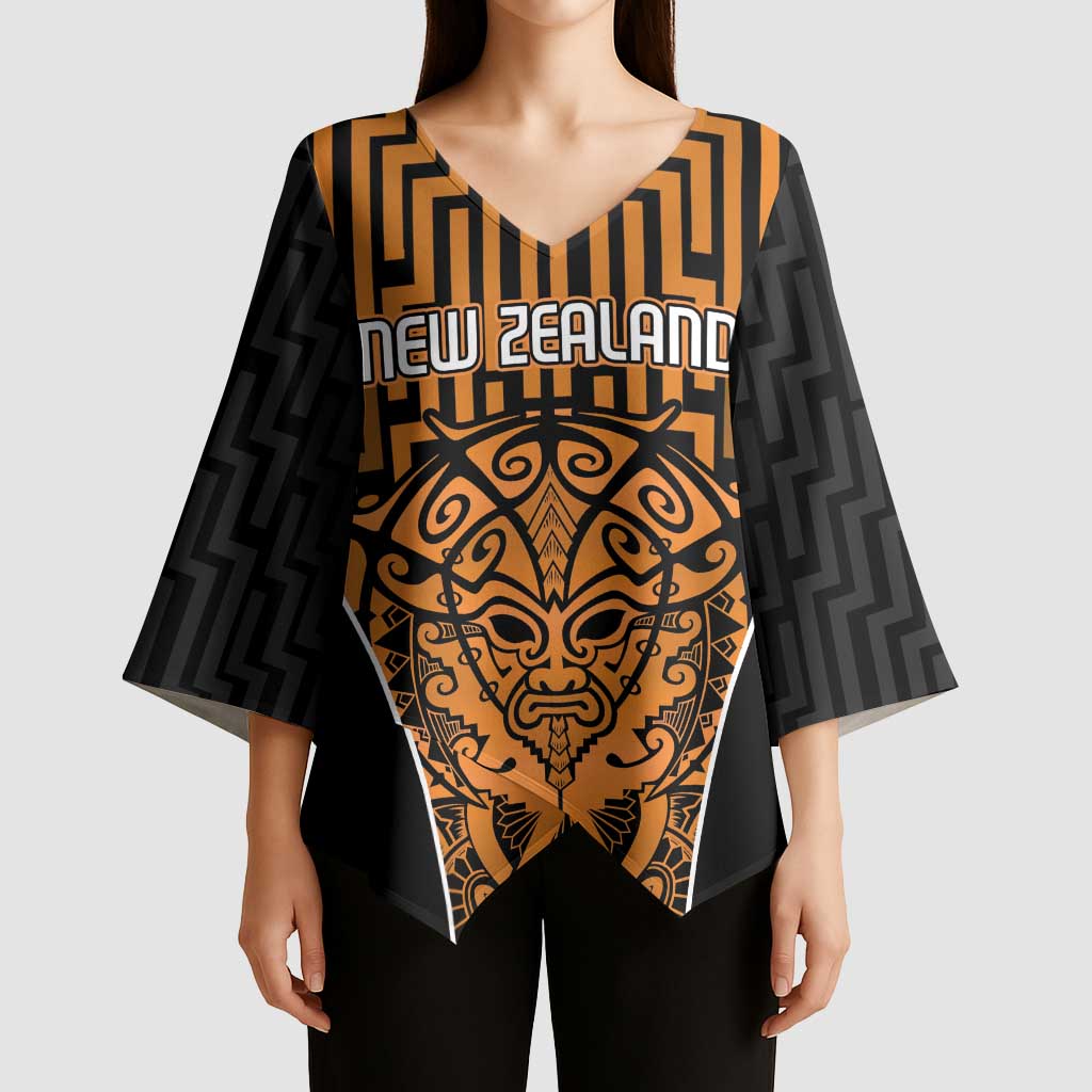 Custom Basketball New Zealand Kimono Sleeve Blouse Gold Maori Ta Moko Indigenous - Polynesian Pride